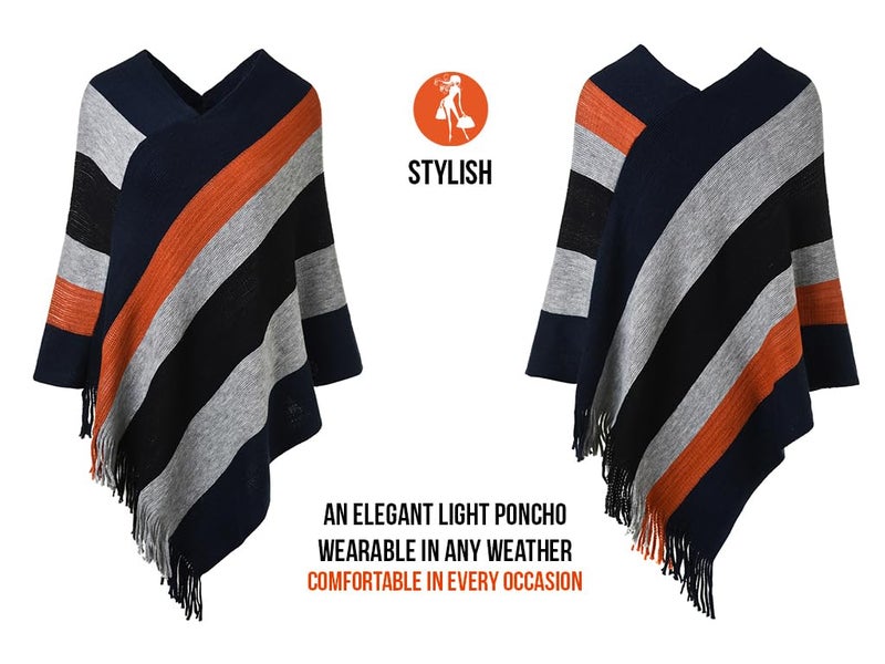 Ferand Women's Striped Poncho Sweater Cozy Knit Fringe Shawl Wraps for Fall Winter - Image 3